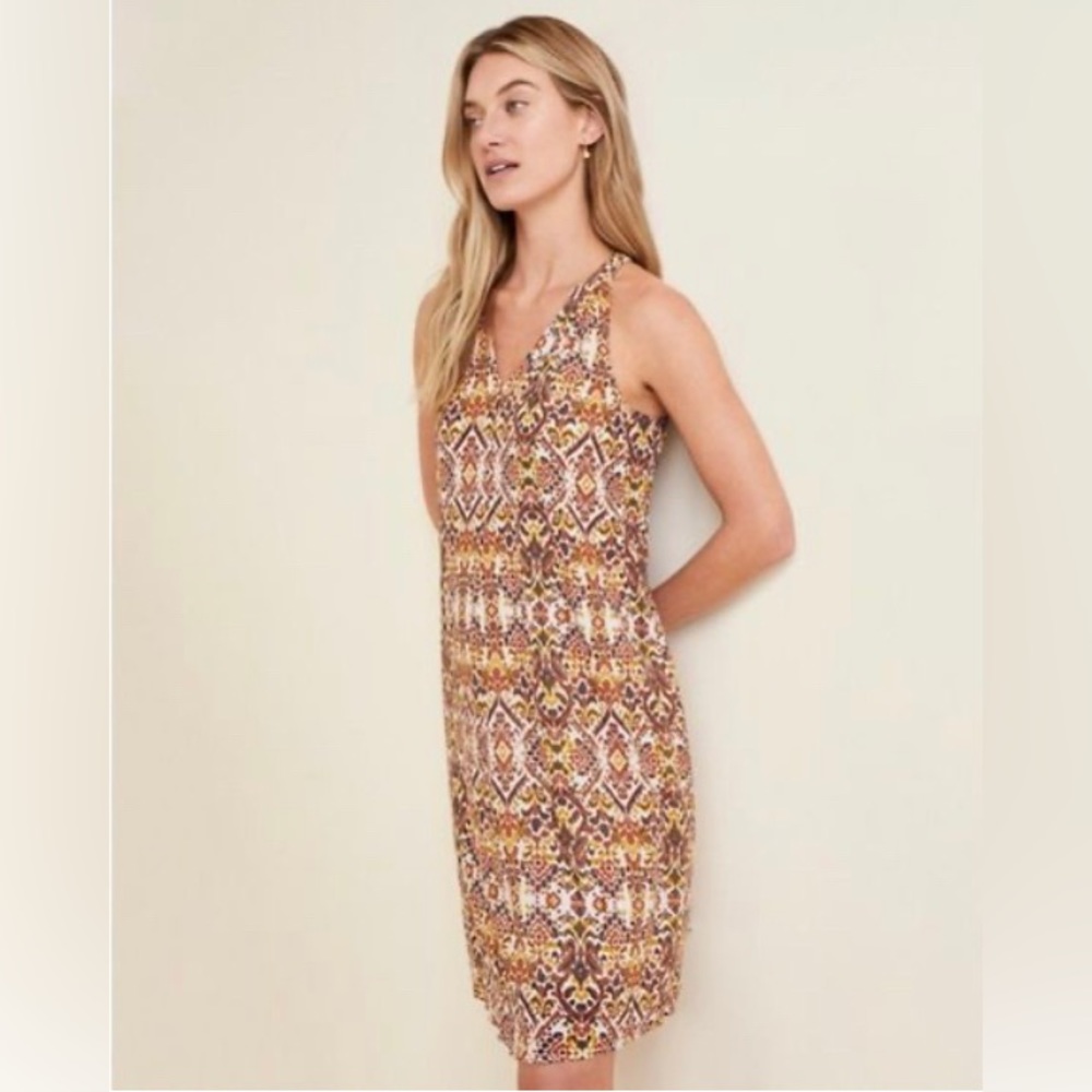 Garnet Hill Sleeveless Printed V-Neck Midi Dress in Brown and Cream
